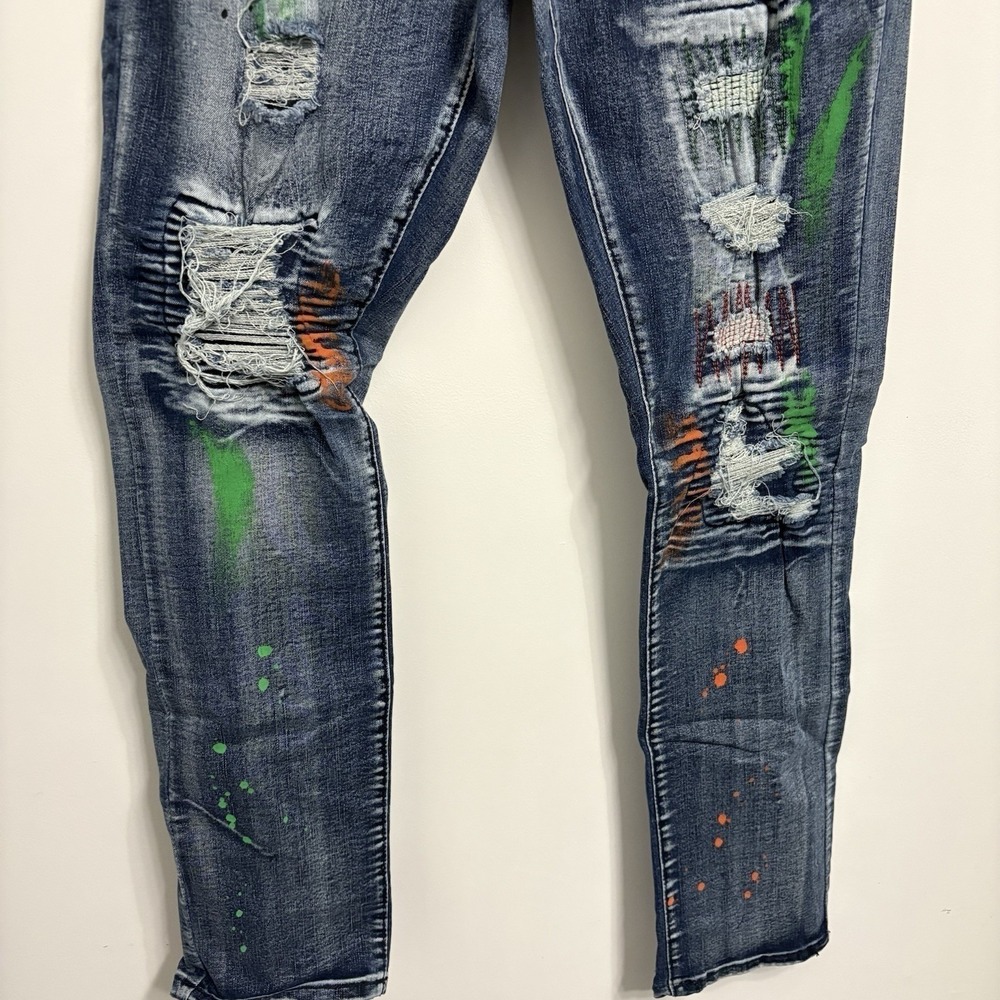 Rue21 Premium Men's 34X30 Jeans Blue Design Patch Distressed Skinny Fit Denim - Picture 3 of 13